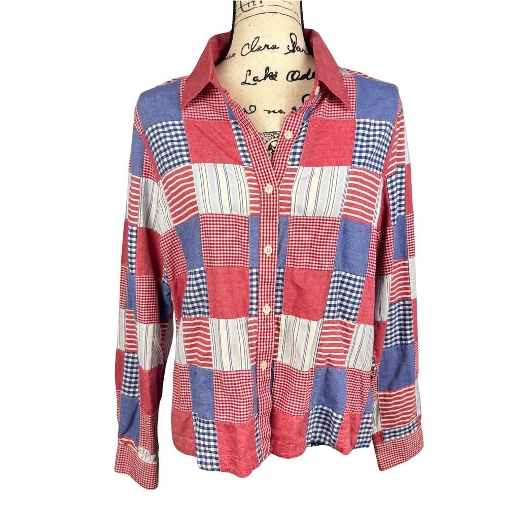 Vtg Patchwork Button Up Shirt Sz Medium Americana Patriotic Summer Picnic Party